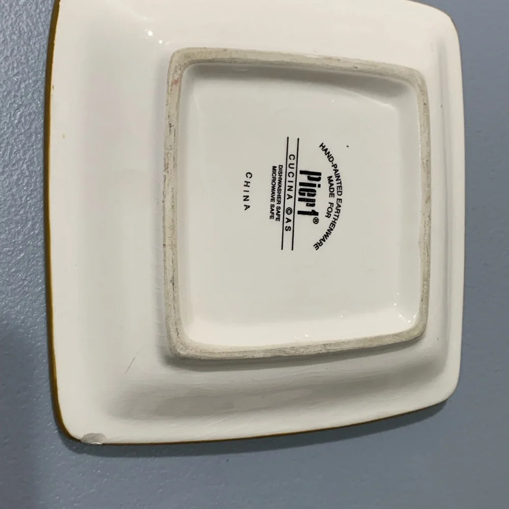 Pier 1 White Ceramic Square Plate with Gold Rim